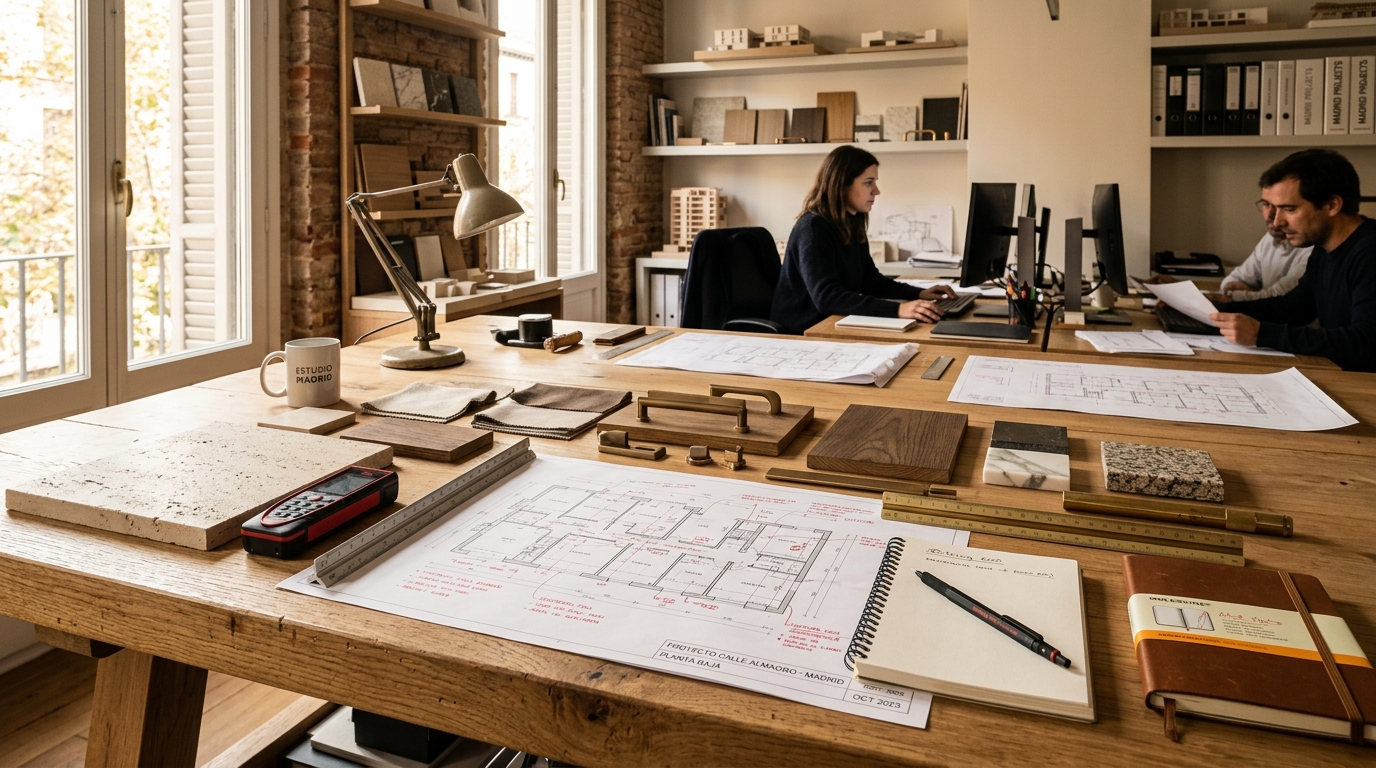 Mesa técnica de arquitectura con muestras de piedra caliza, madera de roble y planos de obra