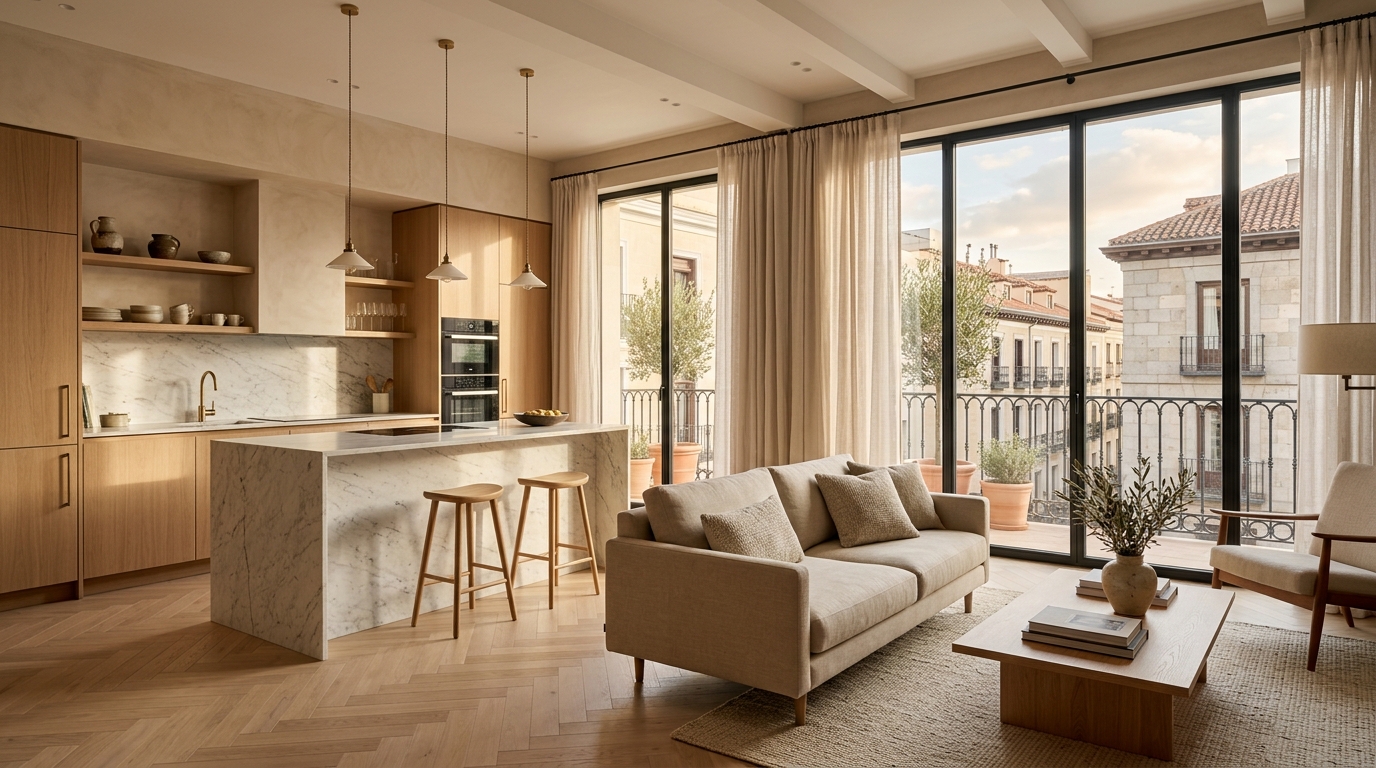 Reforma integral en vivienda de Madrid con carpintería de roble y cocina integrada