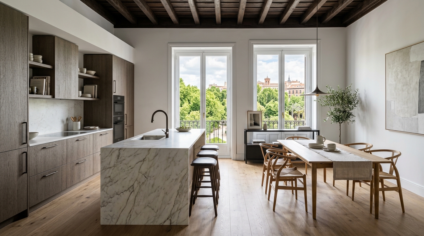 Cocina abierta y zonas comunes frente al Retiro